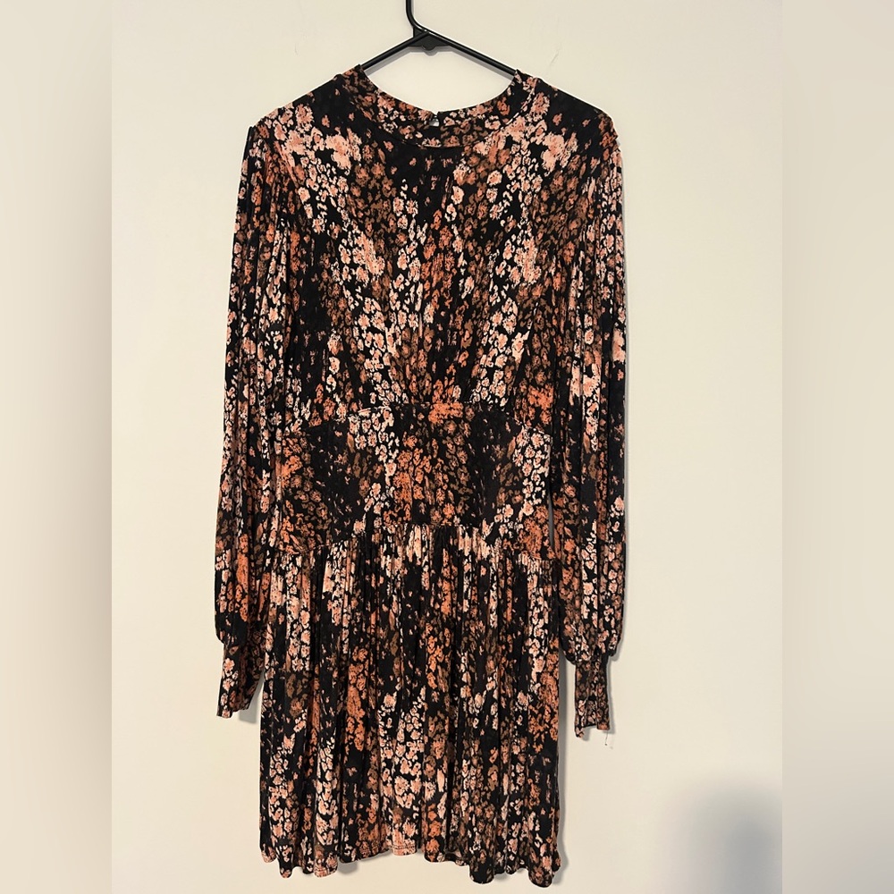 Free People Heartbeats Black Floral Print Long Sleeve Skater Dress Size Small